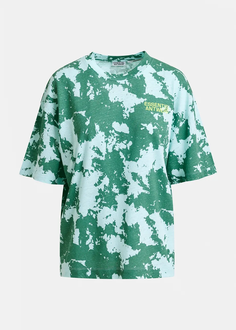 Green, blue and yellow oversized cotton-linen blend T-shirt with embroidery