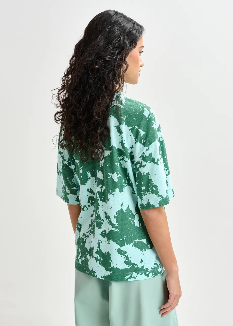 Green, blue and yellow oversized cotton-linen blend T-shirt with embroidery