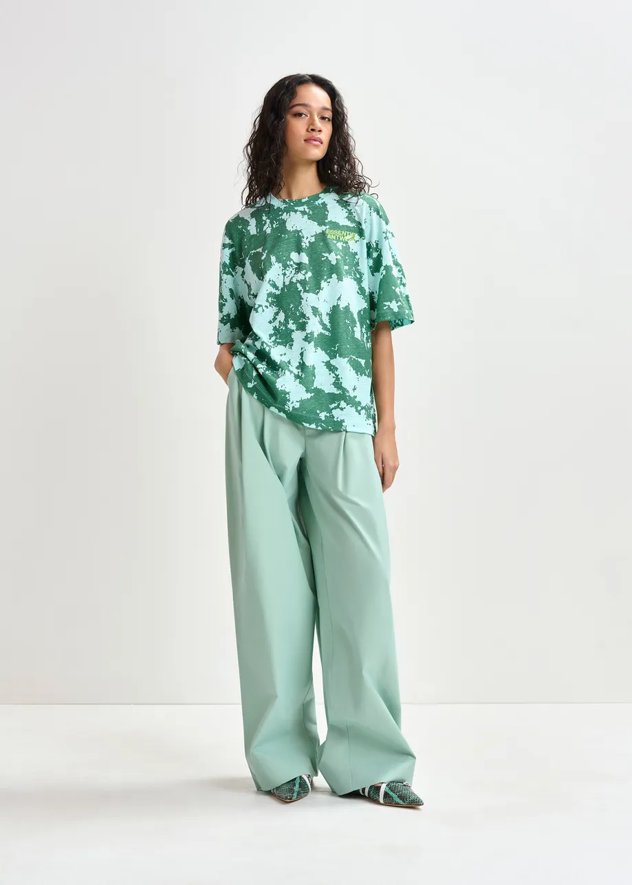 Green, blue and yellow oversized cotton-linen blend T-shirt with embroidery