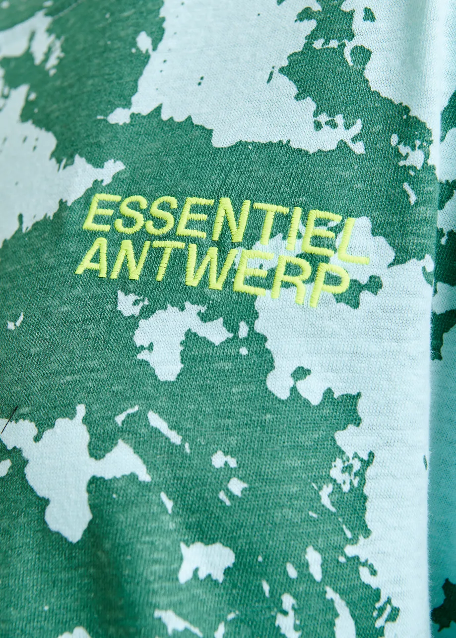 Green, blue and yellow oversized cotton-linen blend T-shirt with embroidery