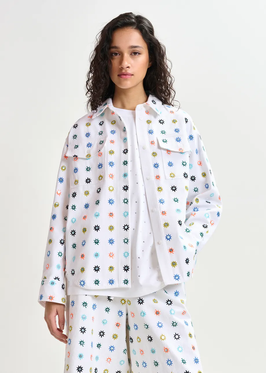 Wit en veelkleurig oversized hemd met borstzakjes en pailletten