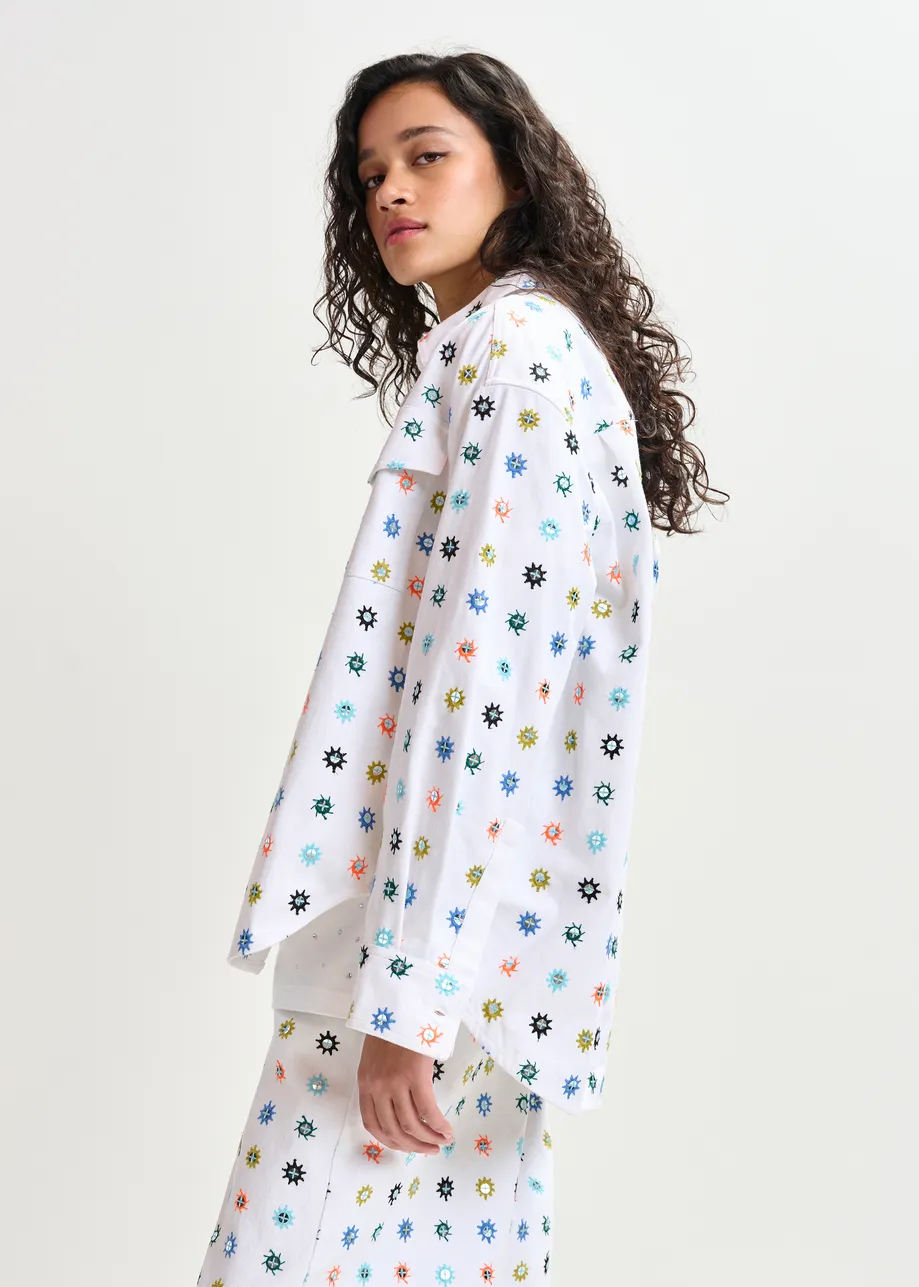White and multicolor embroidered oversized shirt with mirror accents & flap pockets
