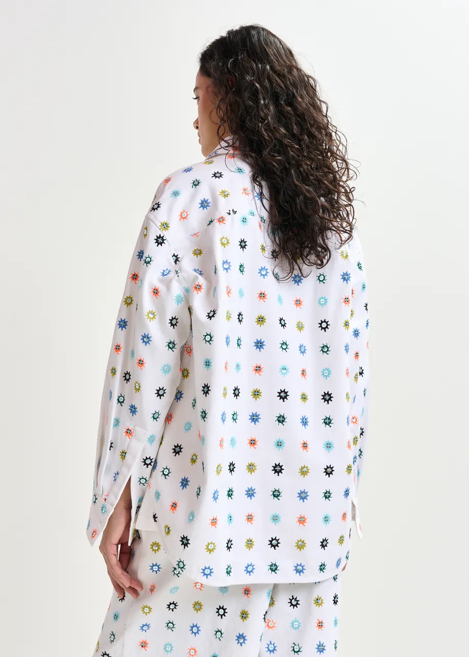 White and multicolor embroidered oversized shirt with mirror accents & flap pockets