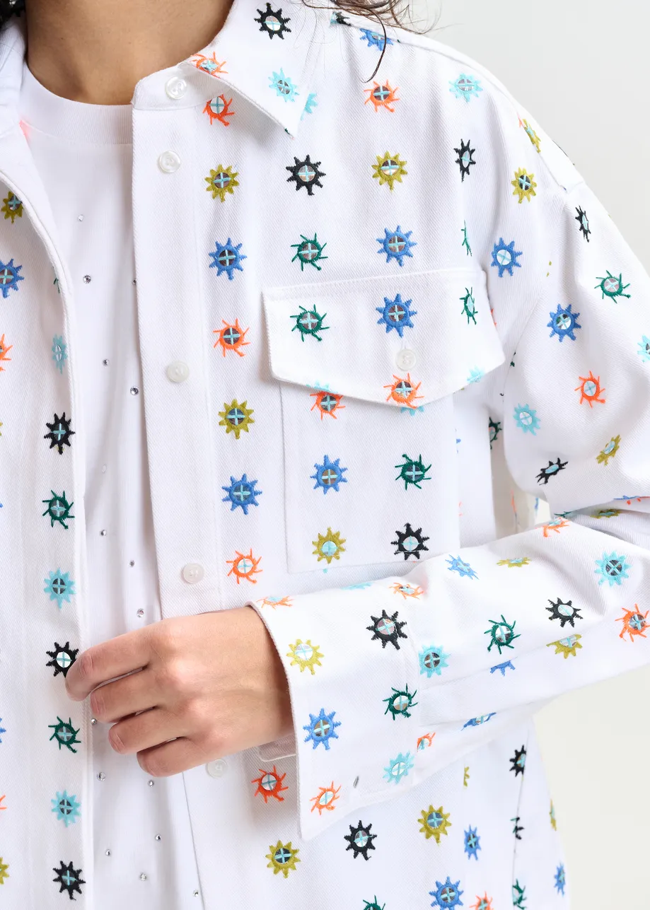 White and multicolor embroidered oversized shirt with mirror accents & flap pockets