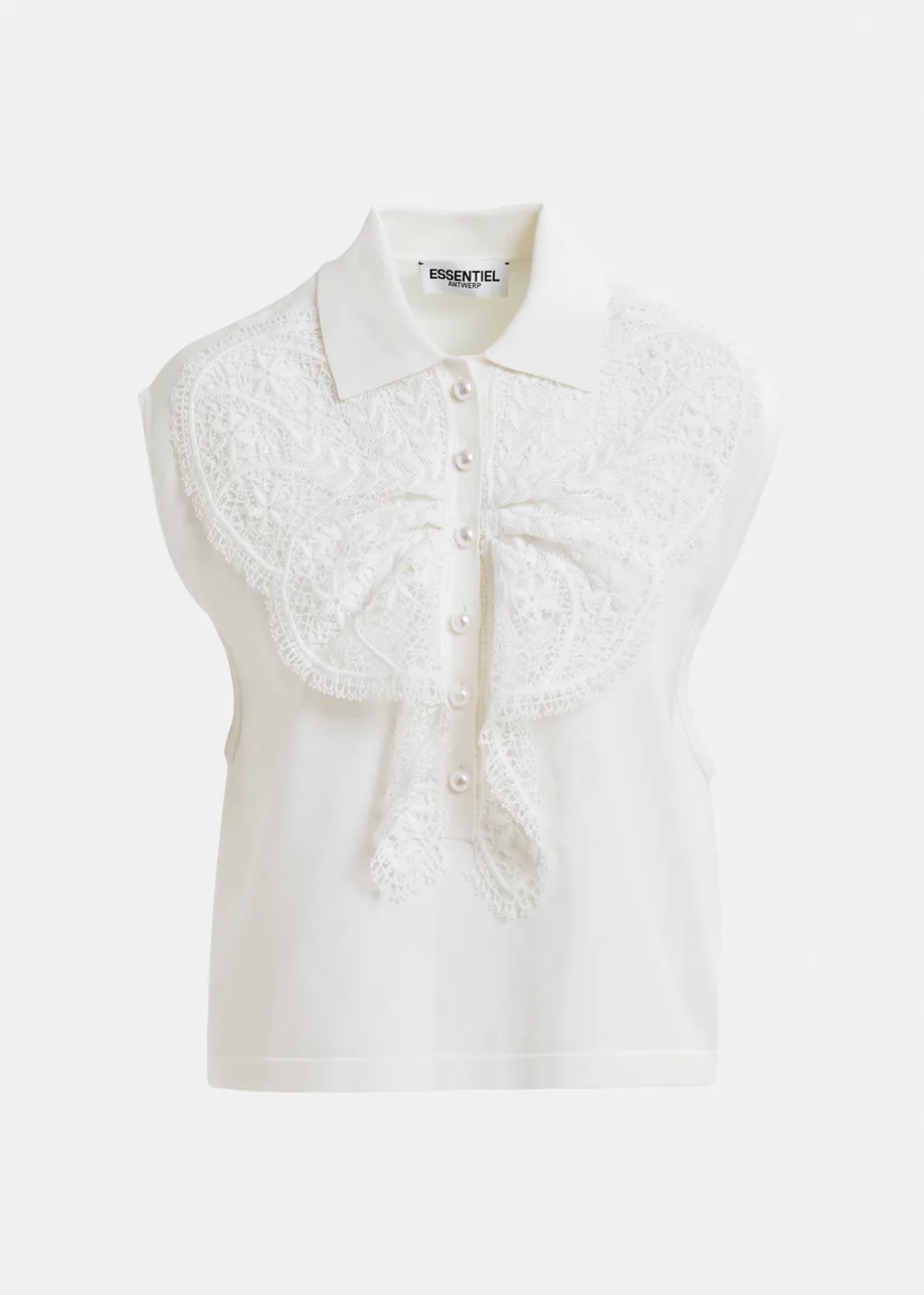 Polo sin mangas con detalles de encaje y botones de perla, blanco
