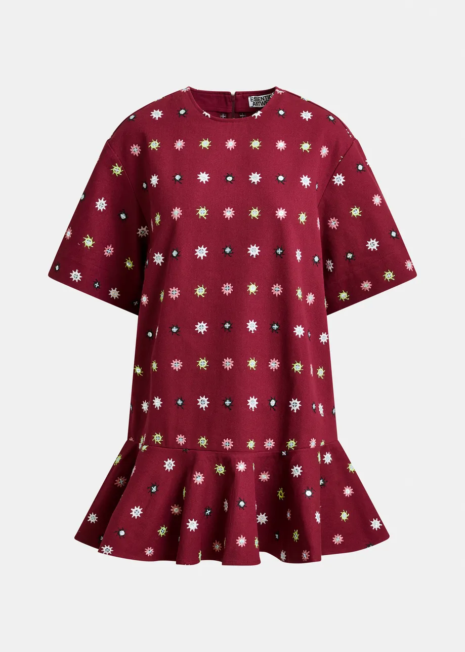 Bordeaux en veelkleurige jurk met volantzoom en pailletten