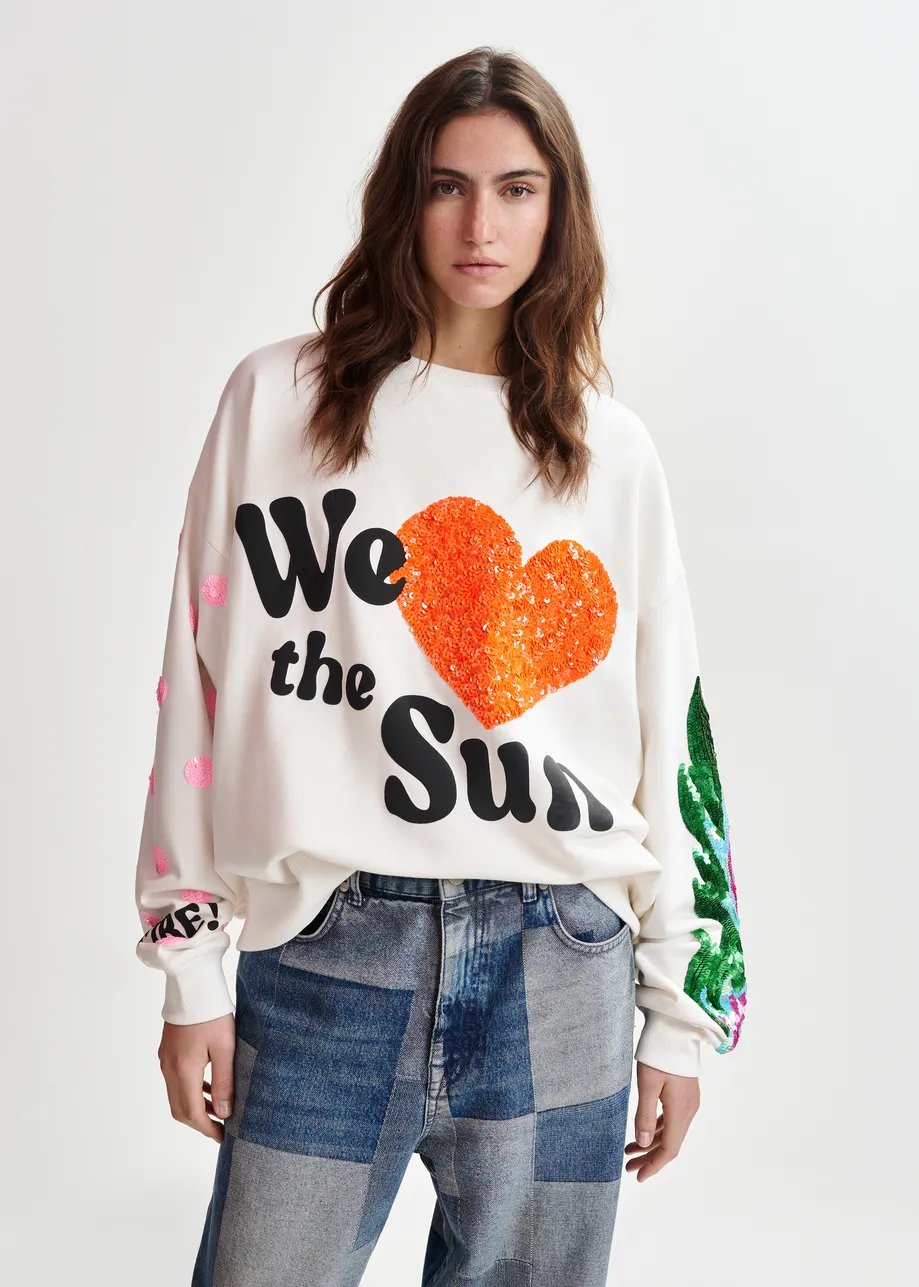 White, red and black cotton sweatshirt with sequin embellishments