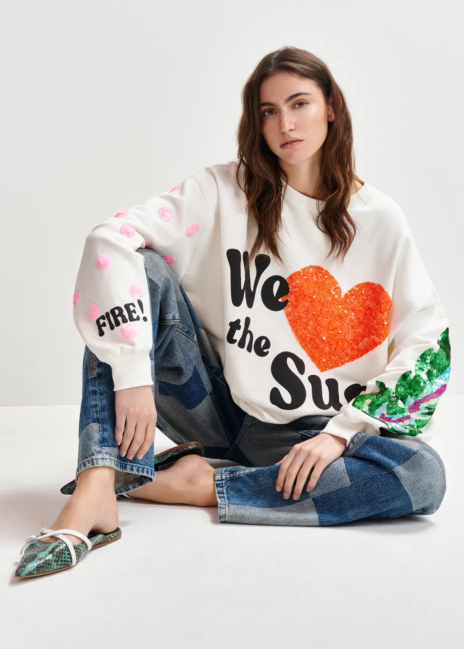 White, red and black cotton sweatshirt with sequin embellishments