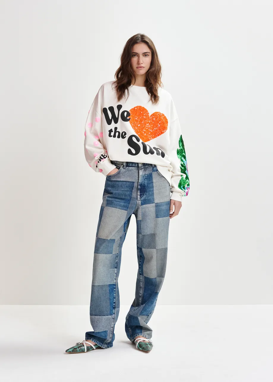 White, red and black cotton sweatshirt with sequin embellishments