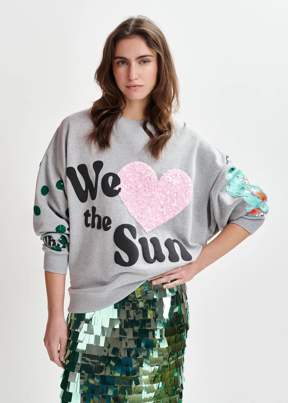 Grey, pink and black cotton sweatshirt with sequin embellishments