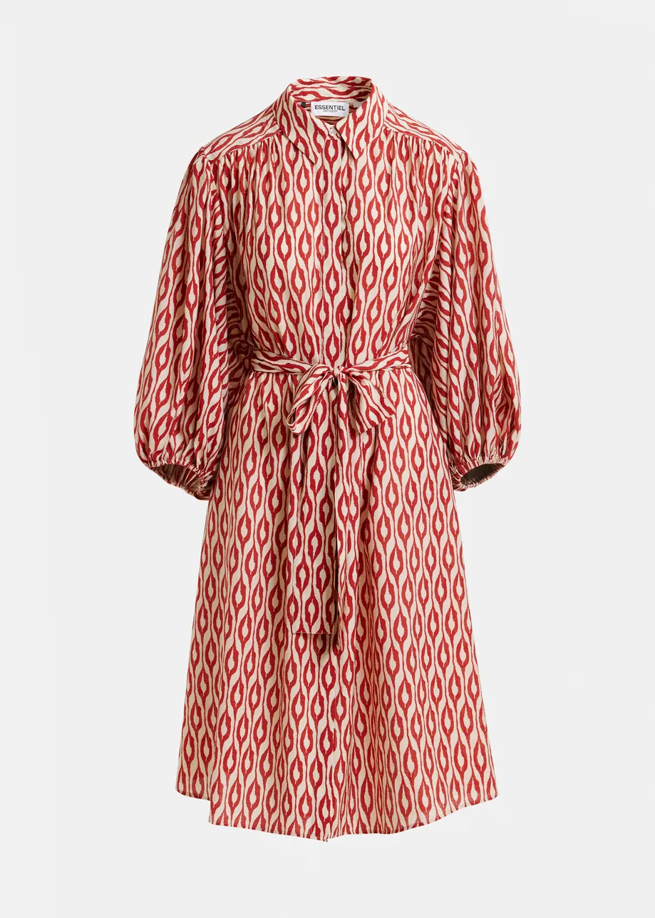 Orange and beige printed oversized shirt dress with voluminous sleeves