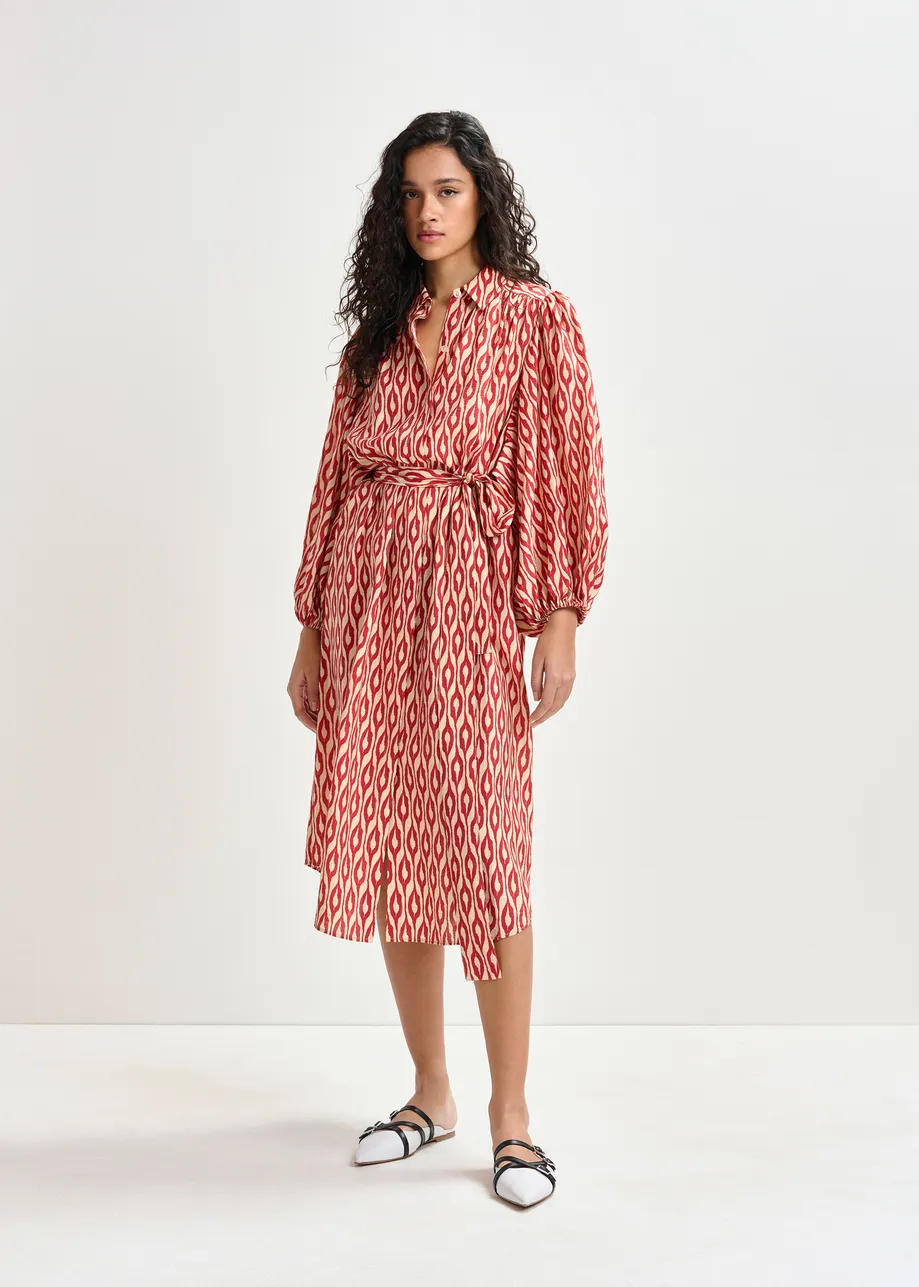Oranje en beige hemdjurk met print en volumineuze mouwen