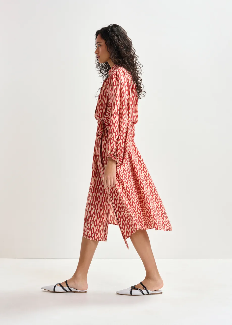 Orange and beige printed oversized shirt dress with voluminous sleeves