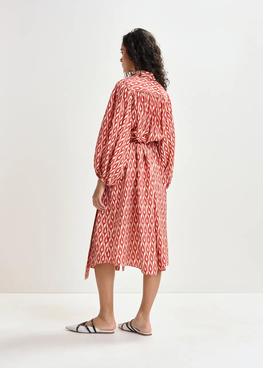 Orange and beige printed oversized shirt dress with voluminous sleeves