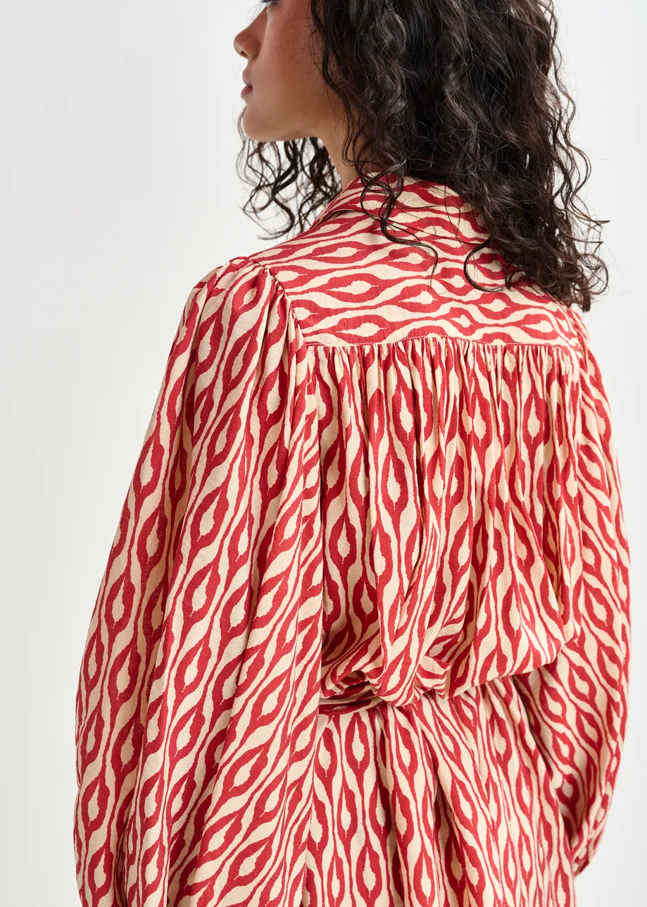Orange and beige printed oversized shirt dress with voluminous sleeves