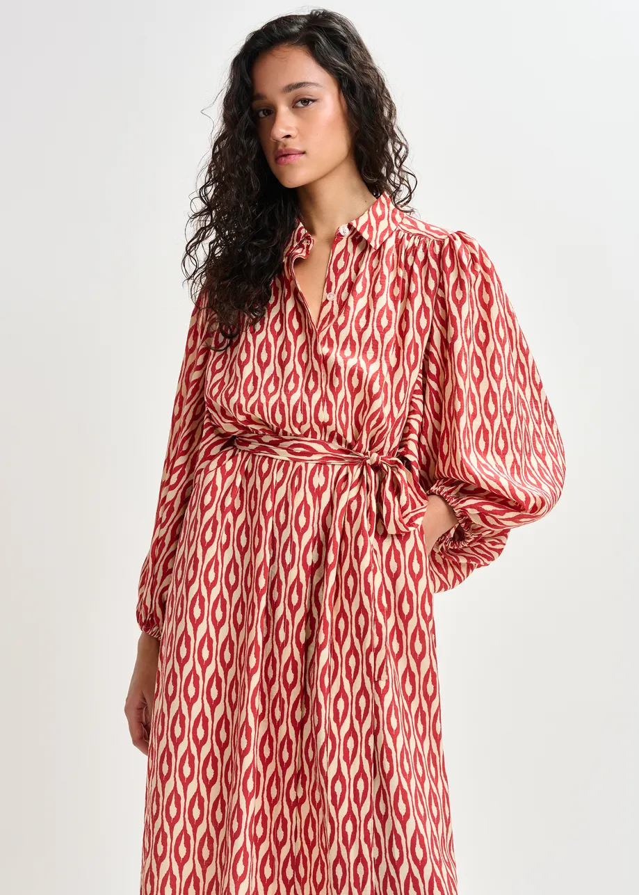 Orange and beige printed oversized shirt dress with voluminous sleeves
