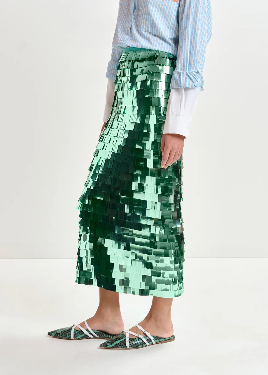 Green pencil skirt with sequin embellishments