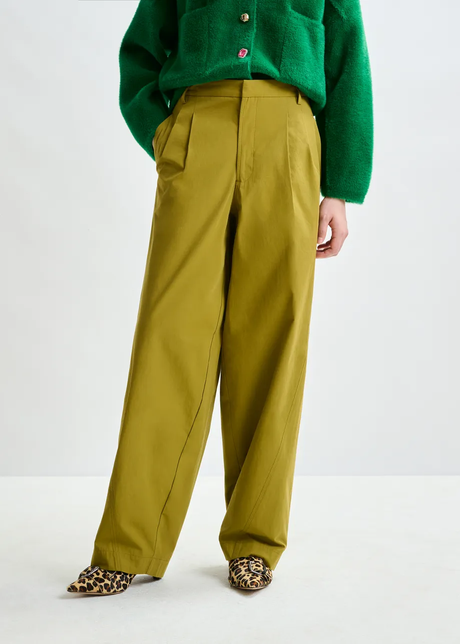 Khaki tapered-leg pants with rhinestone belt