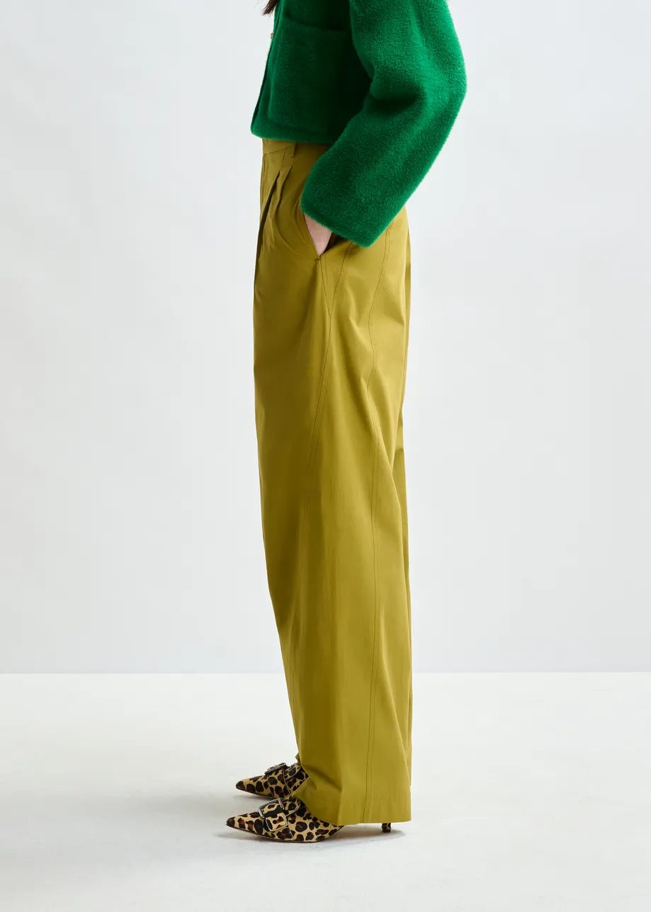 Khaki tapered-leg pants with rhinestone belt