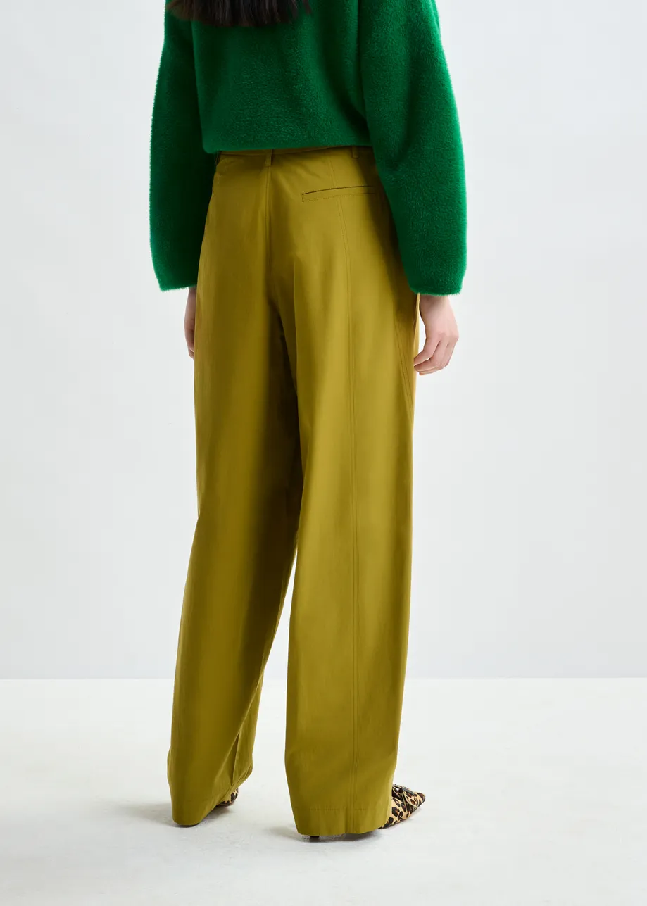 Khaki tapered-leg pants with rhinestone belt