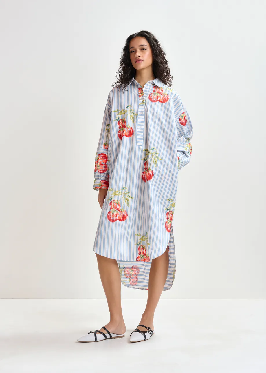 Robe mi-longue oversize à rayures bleue, blanche et orange brûlé