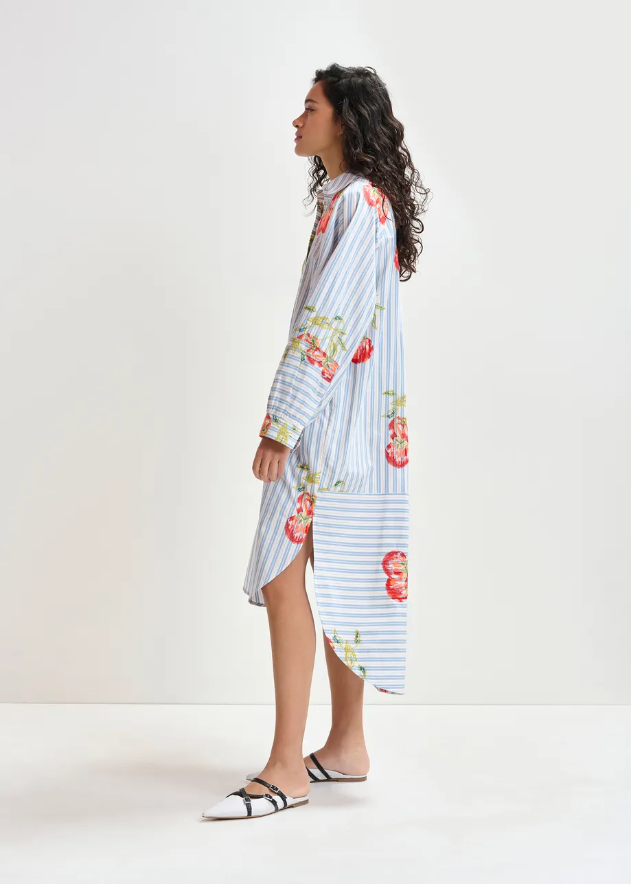Robe mi-longue oversize à rayures bleue, blanche et orange brûlé