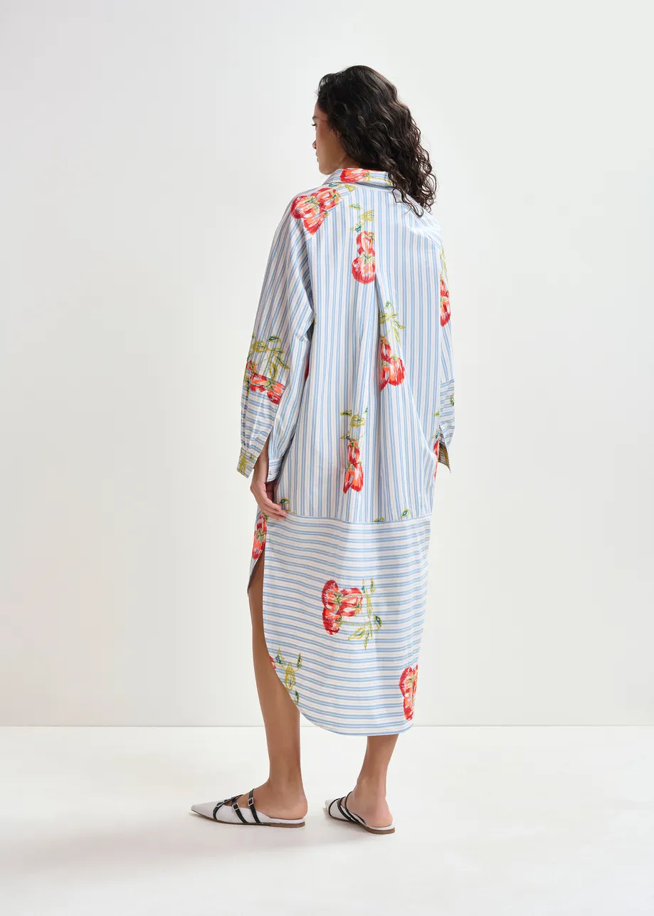 Robe mi-longue oversize à rayures bleue, blanche et orange brûlé