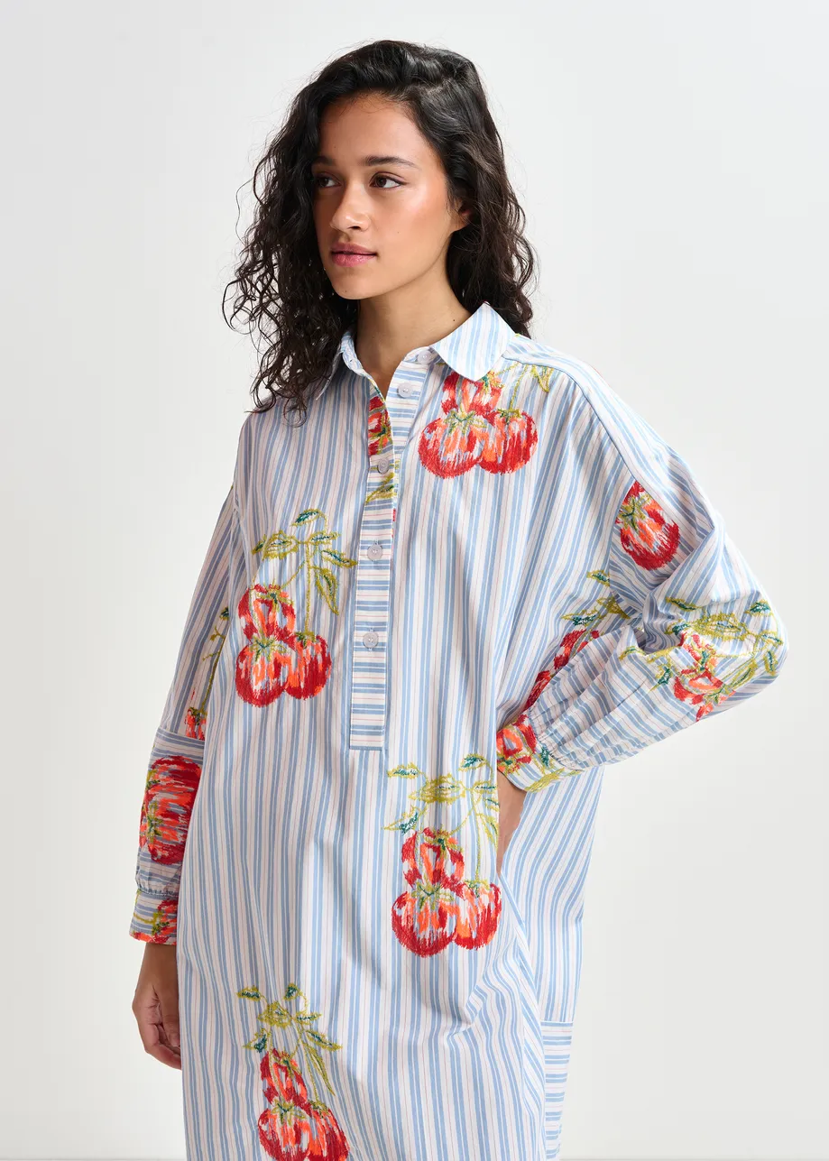 Robe mi-longue oversize à rayures bleue, blanche et orange brûlé