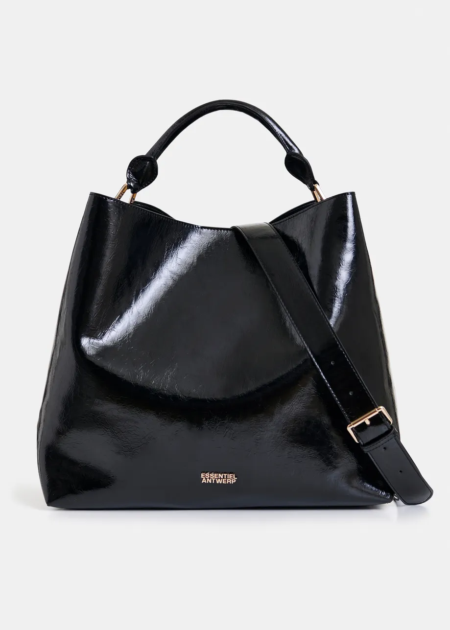Black glossy shopper bag with detachable shoulder strap