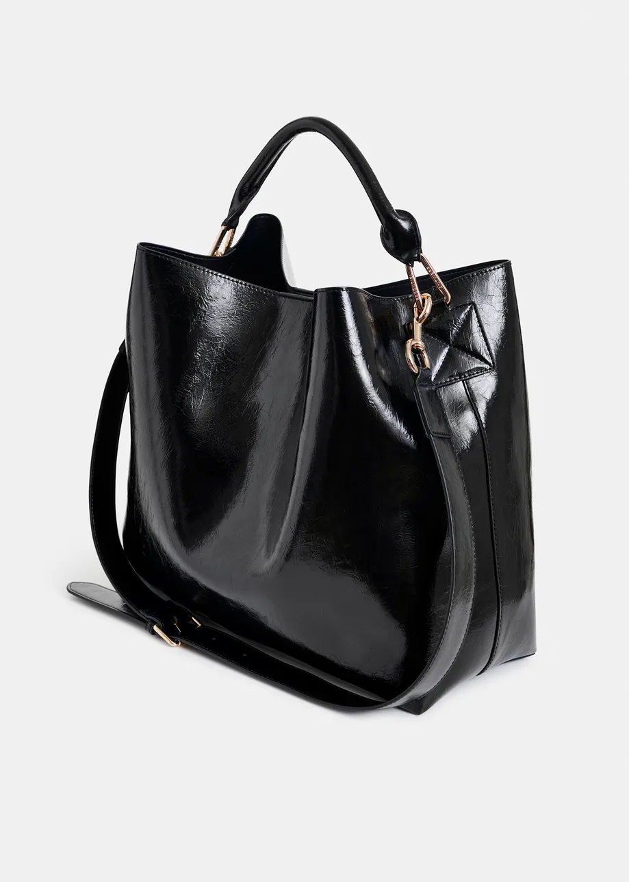 Zwarte glanzende shopper met verwijderbare schouderriem