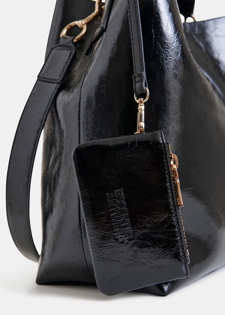 Zwarte glanzende shopper met verwijderbare schouderriem