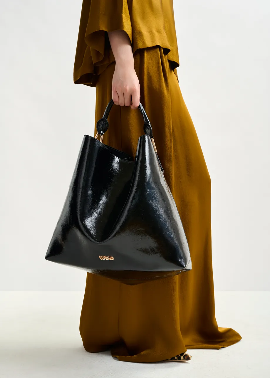 Black glossy shopper bag with detachable shoulder strap