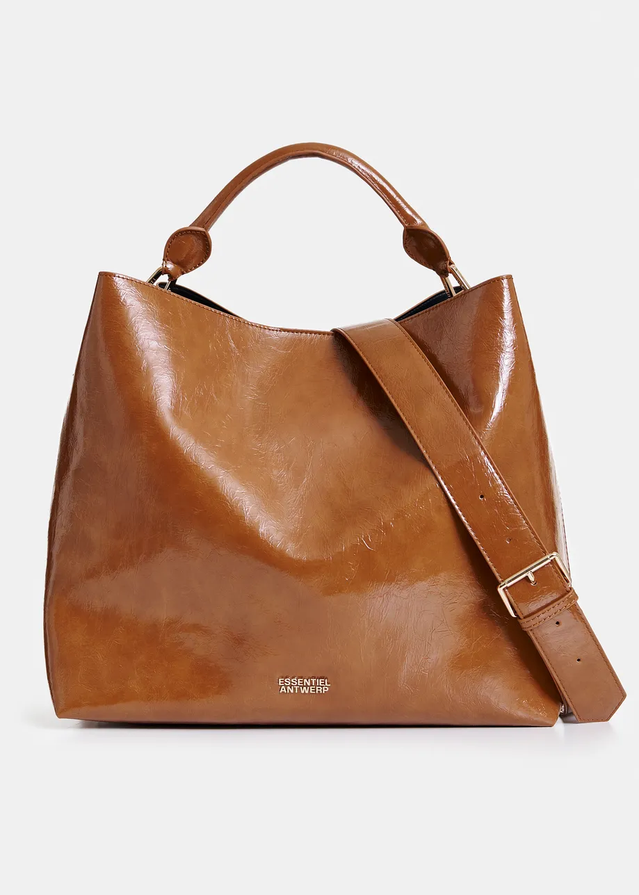 Brown glossy shopper bag with detachable shoulder strap