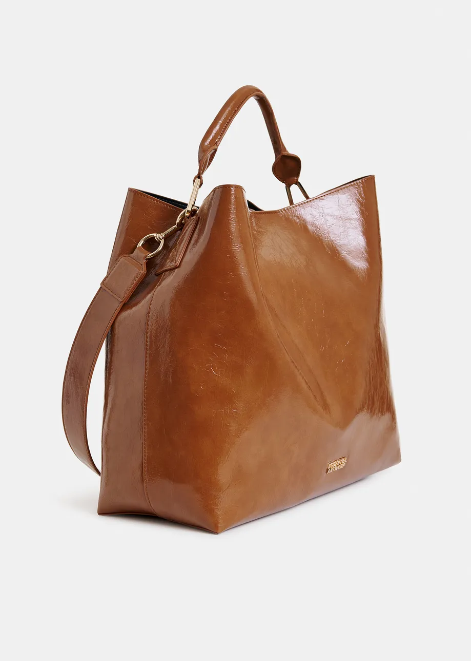 Bruine glanzende shopper met verwijderbare schouderriem