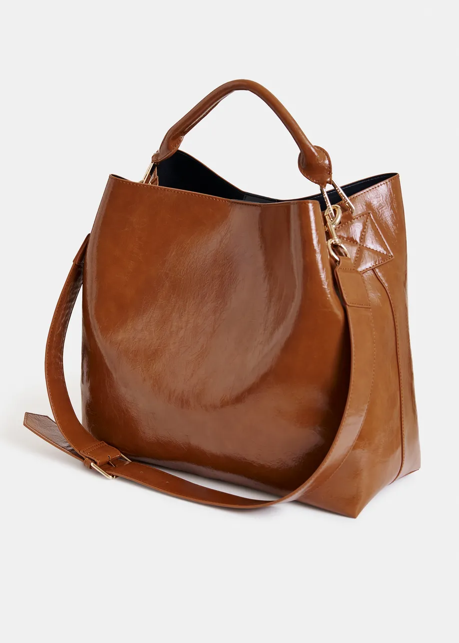 Bruine glanzende shopper met verwijderbare schouderriem