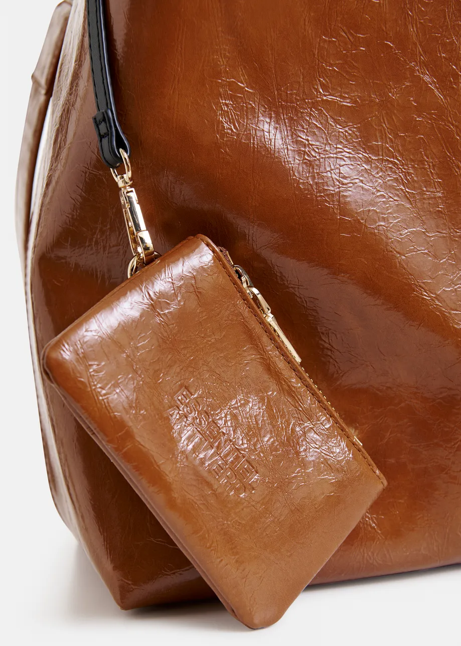 Bruine glanzende shopper met verwijderbare schouderriem