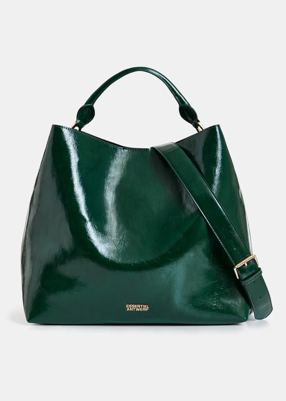 Dark green glossy shopper bag with detachable shoulder strap