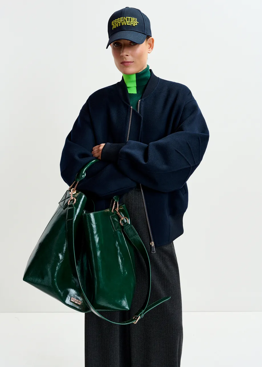 Dark green glossy shopper bag with detachable shoulder strap