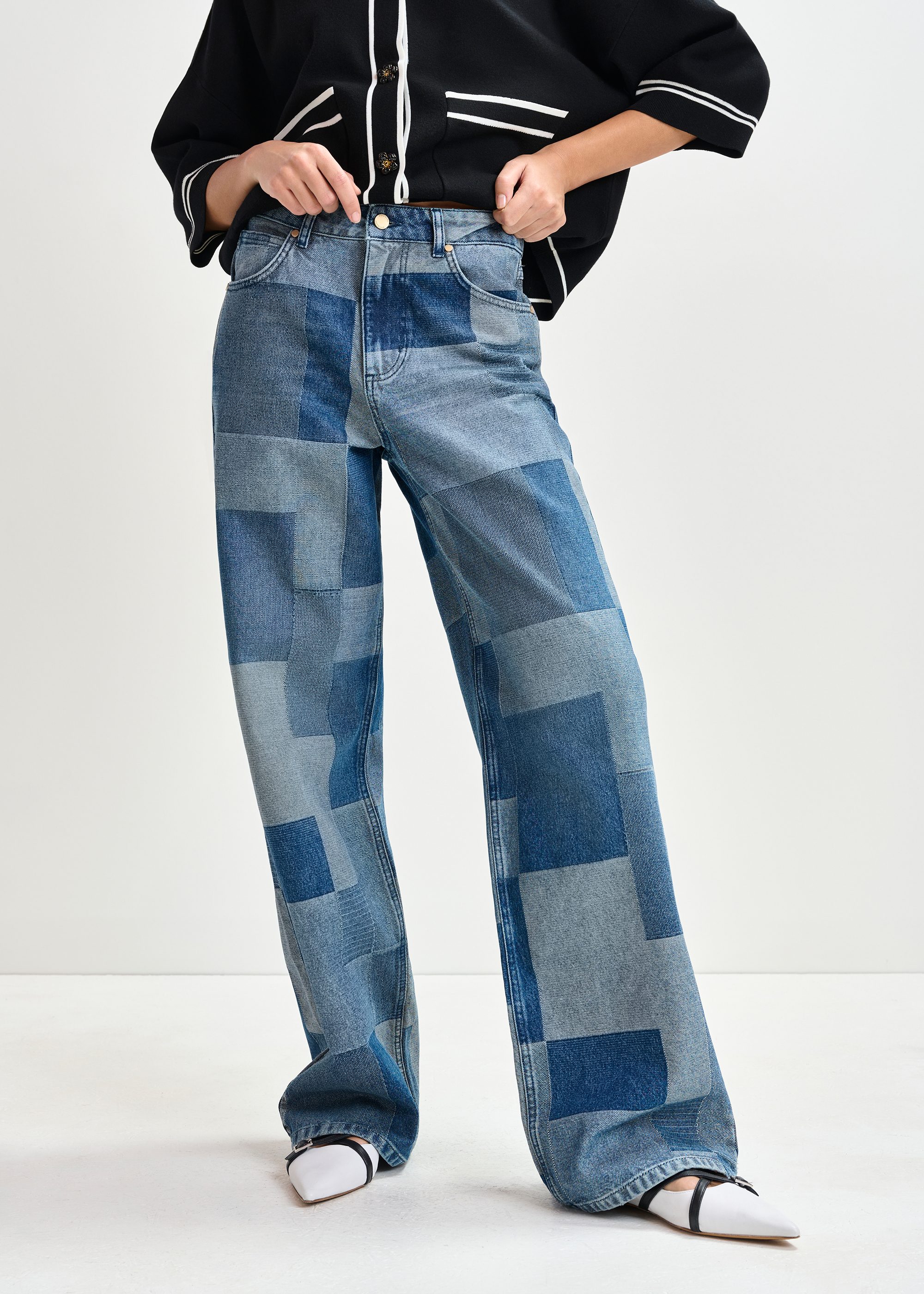 Blue straight-leg patchwork blue jeans | Essentiel Antwerp