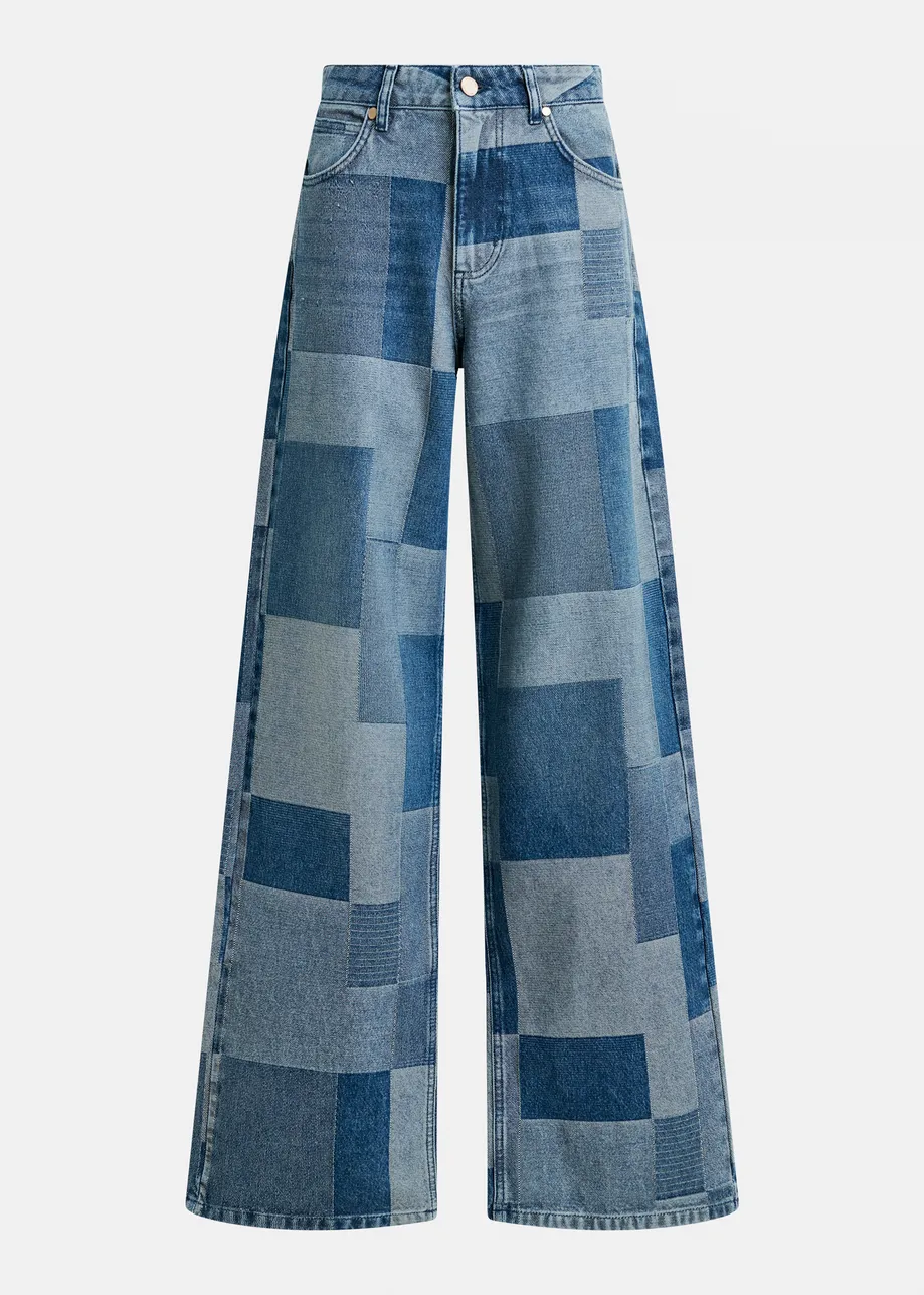 Blauwe patchwork jeans met rechte pijp