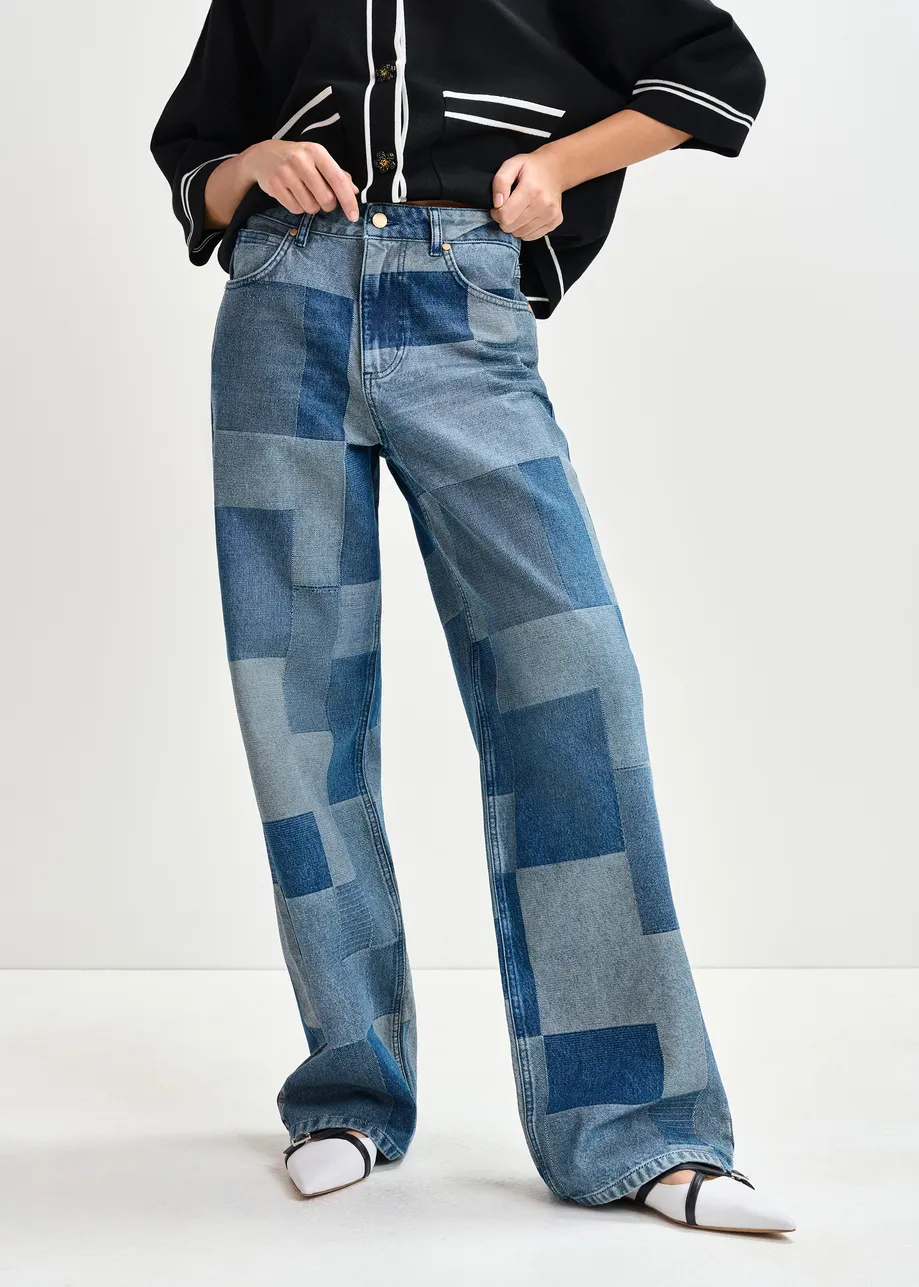 Blauwe patchwork jeans met rechte pijp