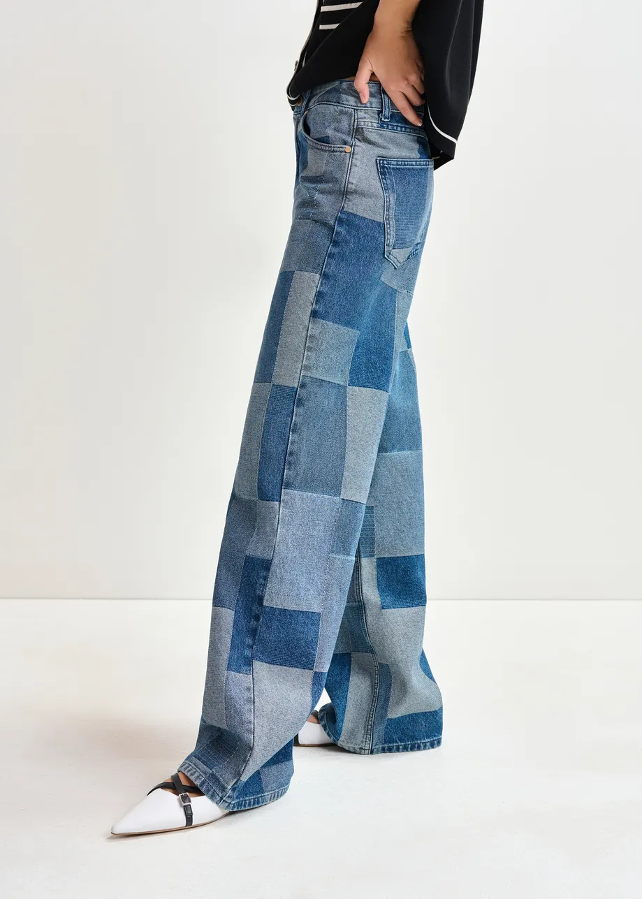 Blauwe patchwork jeans met rechte pijp