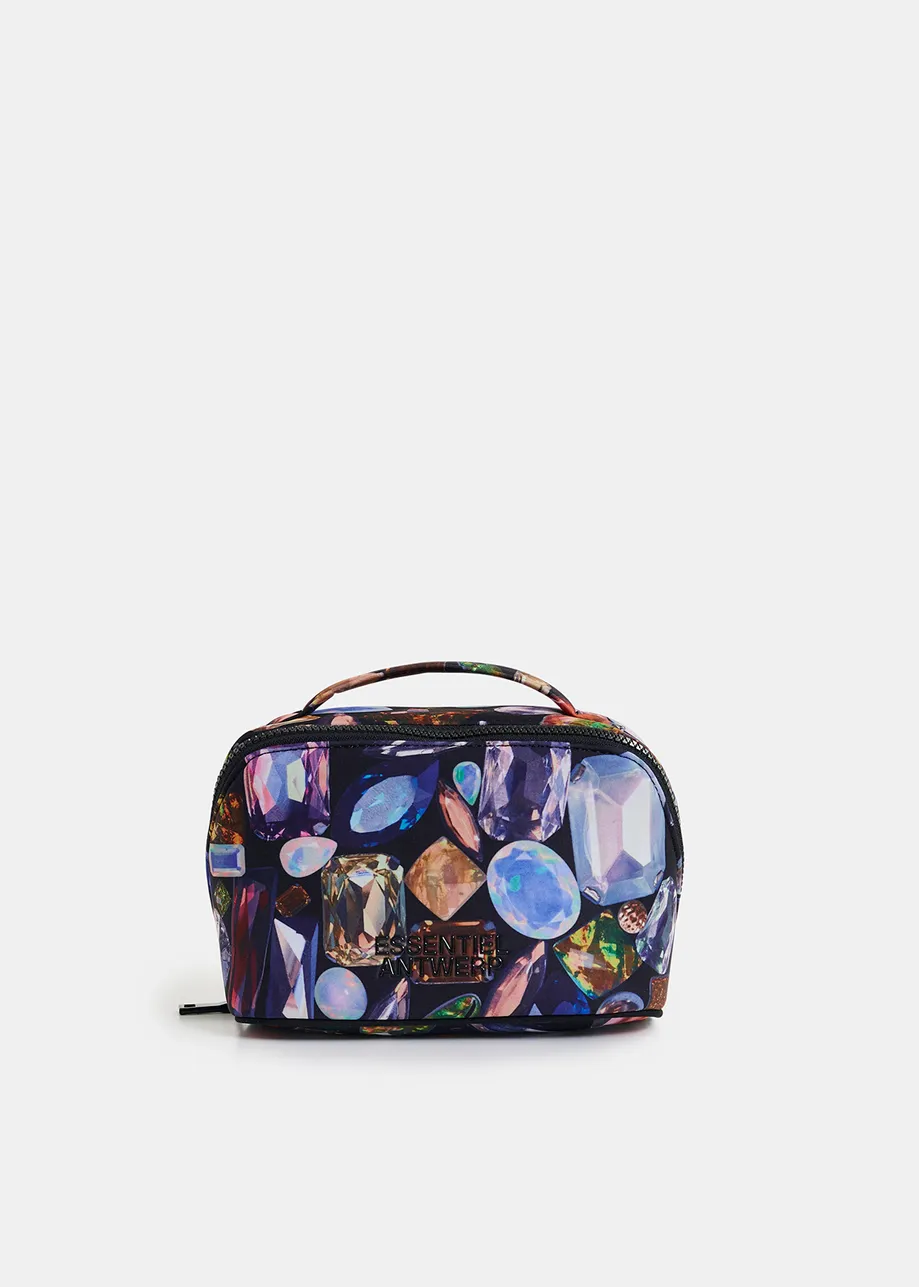 Astuccio in tessuto con stampa gemme nere e multicolor	