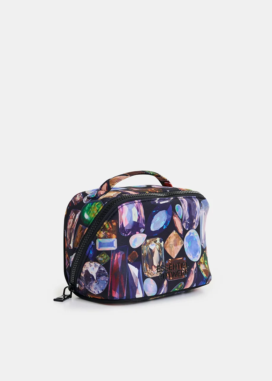 Astuccio in tessuto con stampa gemme nere e multicolor	