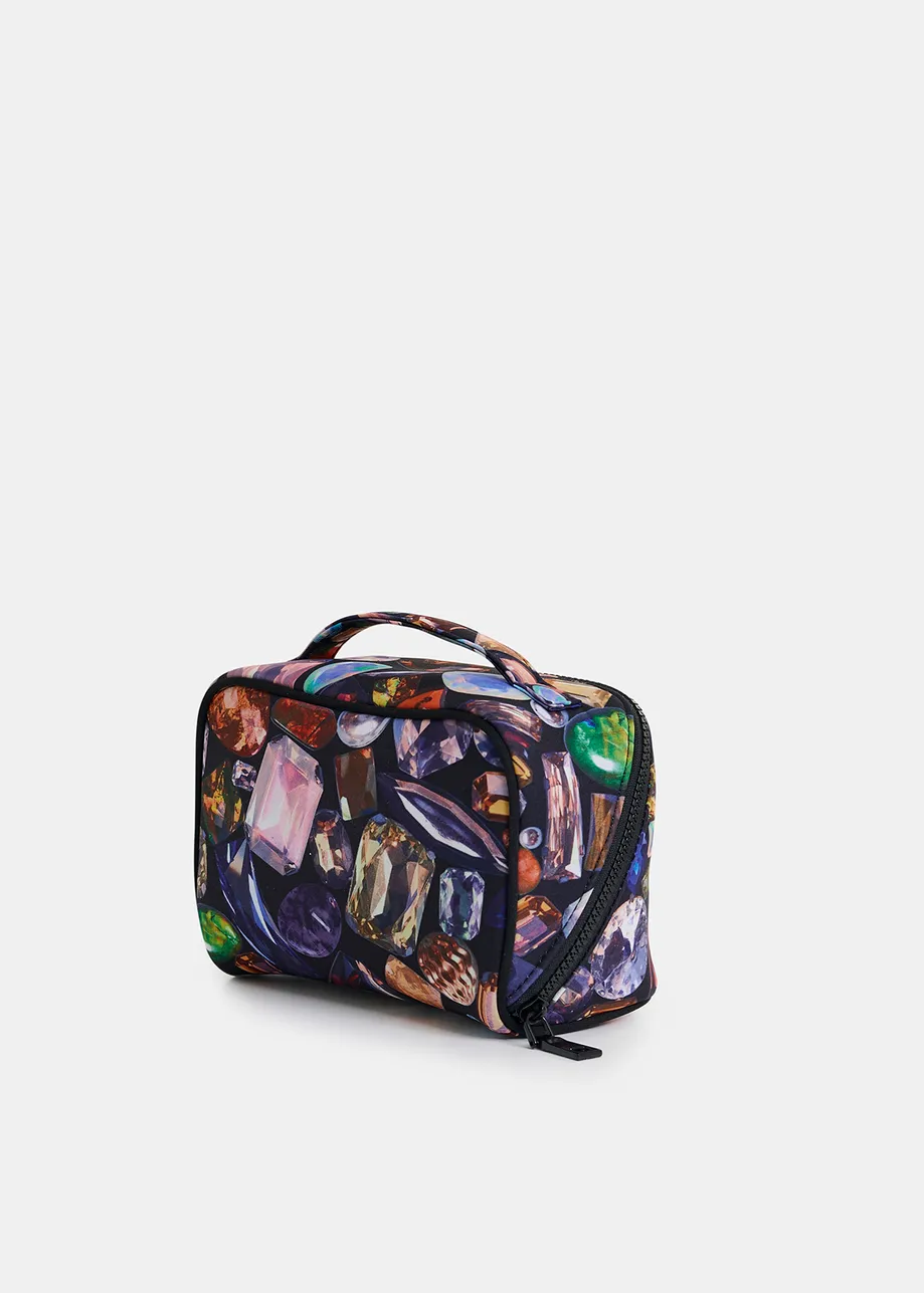 Astuccio in tessuto con stampa gemme nere e multicolor	