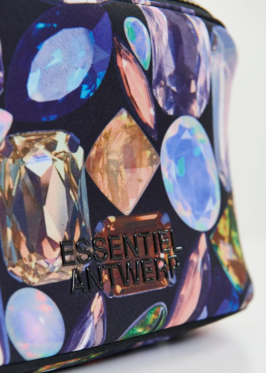 Astuccio in tessuto con stampa gemme nere e multicolor	