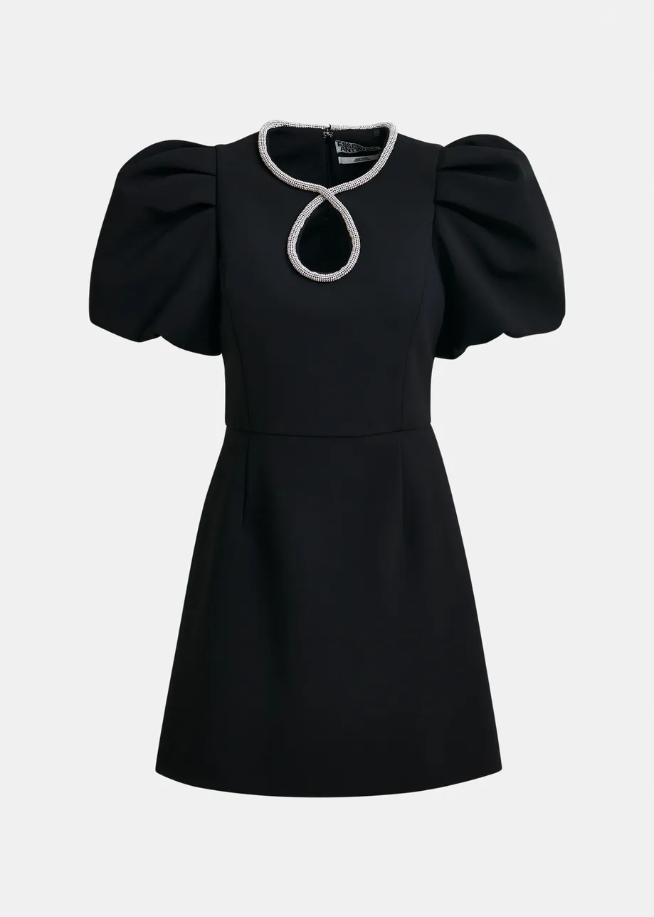 Black mini dress with puff sleeves and rhinestone-embellished keyhole neckline