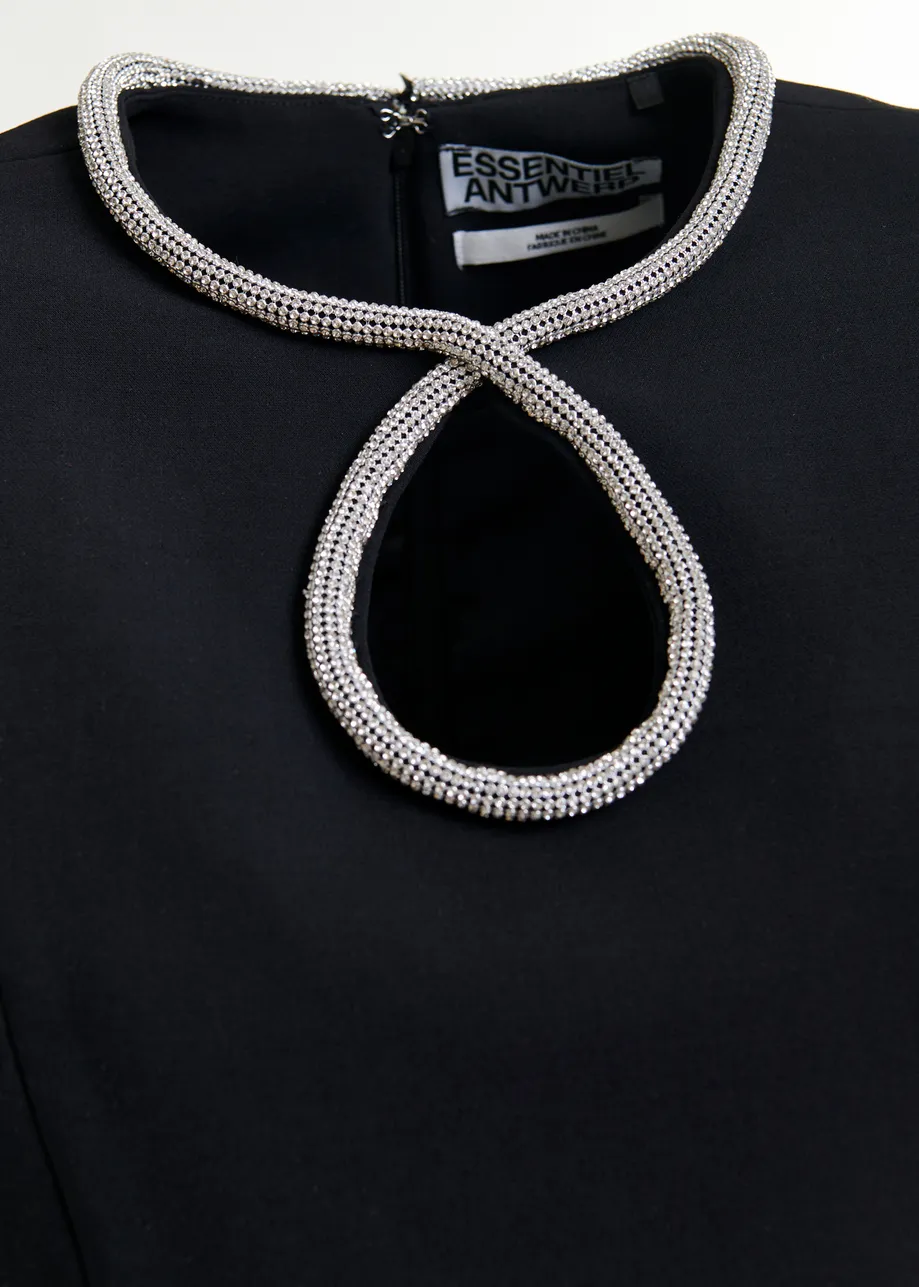 Black mini dress with puff sleeves and rhinestone-embellished keyhole neckline