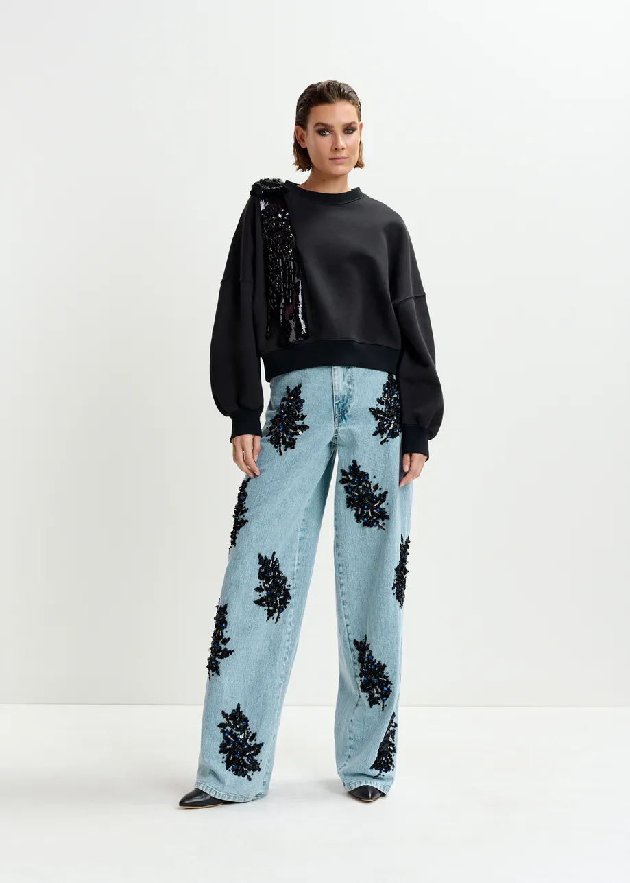 Black cotton sweatshirt with embellished panel