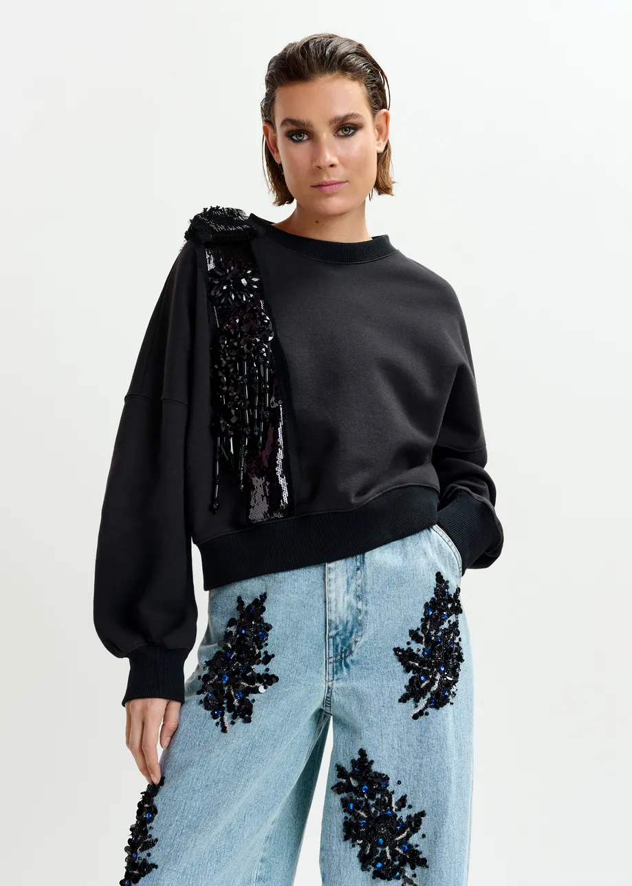 Black cotton sweatshirt with embellished panel